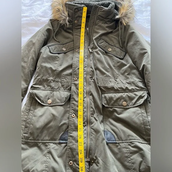 DKNY Women’s Large Hunter Green Faux Fur Lined Hood Button/Zip Coat - Picture 4 of 16